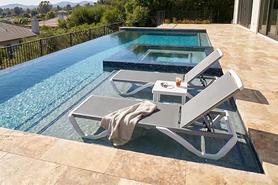 PURPLE LEAF Patio Chaise Lounge Chair Set of 3 with Table, Plastic, Grey | Stackable to Save Space, PP Material Frame and Breathable Textilene Fabric, Stay Cool Longer, 6 Reclining Positions Lays Flat