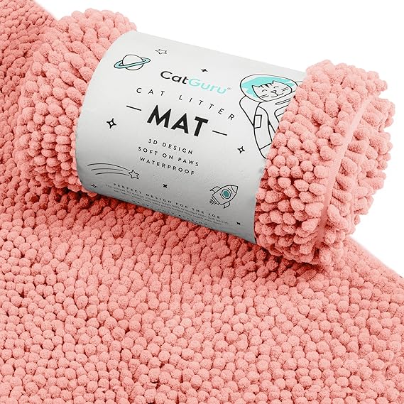 CatGuru Cat Litter Mat, Medium, Extra Large, XXL, Waterproof Litter Box Mat, Non Slip Kitty Litter Mat, Machine Washable Litter Trapping Mat, Soft Litter Tray, Cat Stuff (Medium, Coral/Heavy-Duty)