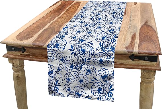 Ambesonne Blue Table Runner, Delicate Spring Season Themed Floral Pattern in Traditional Gzhel Look Print, Rectangle Scarf for Dining Room Kitchen Table Setting Decor, 12" x 72", Cobalt Blue White