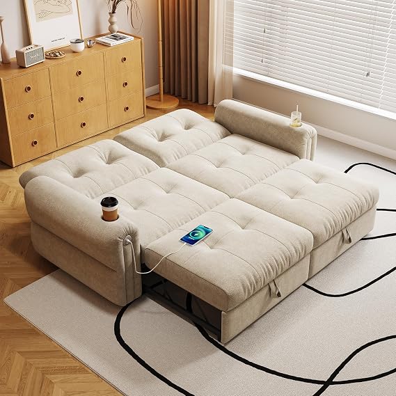 77'' Sleeper Sofa Bed Full Size, Comfy Chenille Pull Out Couch, Light Brown