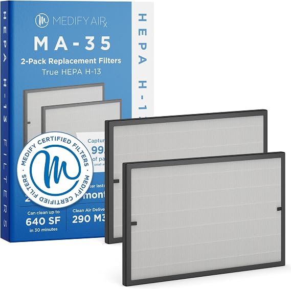 Medify MA-35 Genuine Replacement Filter for Black MA-35 Purifiers | Smoke, Dust, Odors, Pet Dander | 3 in 1 with Pre-filter, HEPA and Activated Carbon for Removal to 0.3 Microns | 2-Pack