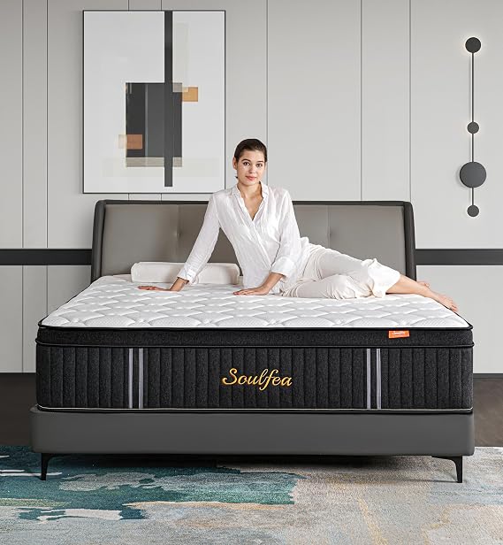 Soulfea Queen Mattresses,10 Inch Queen Size Mattresses in a Box,Memory Foam Hybrid White & Black Mattress with Provide Support and Improve Sleep,Pressure Relief,Medium Firm