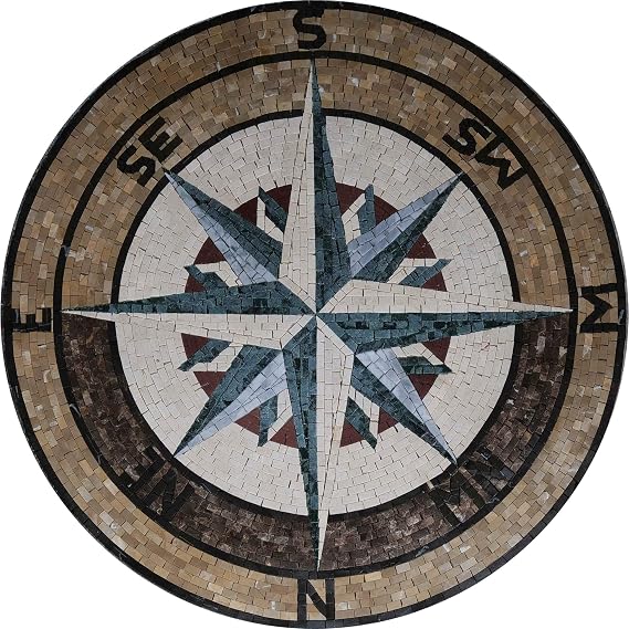 Mosaic Compass Medallion - Sandy | Mosaic Designs | Mosaic Artwork | Mosaic Wall Art Floor Inlay By Mozaico | Handmade Mosaics | 24" x 24"