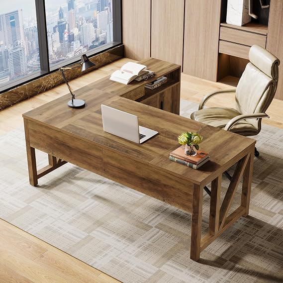 Tribesigns 63" L Shaped Executive Desk & 39" File Cabinet Set, Corner Computer Desk with Ample Storage, Large Industrial Retro Office Desk with Drawers & Shelves, for Home & Business, Rustic Brown