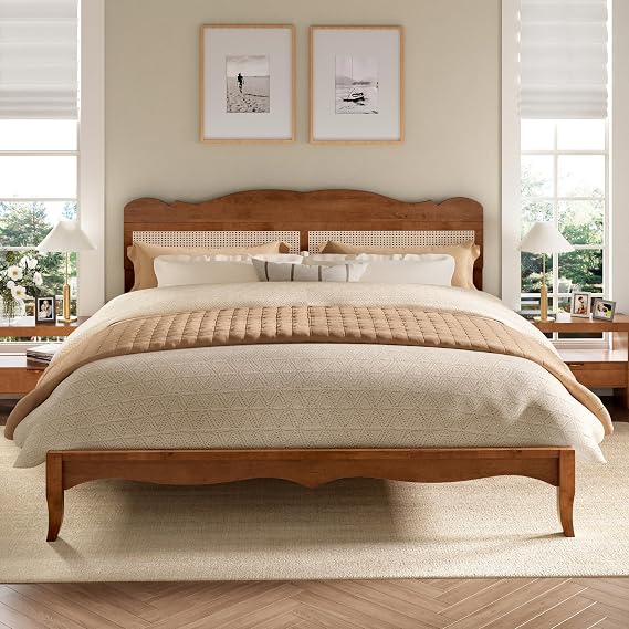 PHI VILLA Solid Wood King Size Bed Frame with Adjustable Headboard | Mid Century Boho Rattan Platform Bedframe for Bedroom,No Box Spring Needed, Brown