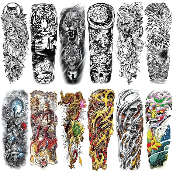 Full Arm Black Scary Temporary Tattoo for Men 2 Sheets
