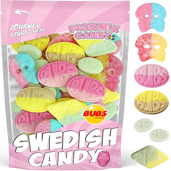 BUBS Swedish Candy Mix 1 Pound Bag With 6 Flavor Variety, Sweet & Sour Skulls, Ovals & Tutti Frutti Rombs