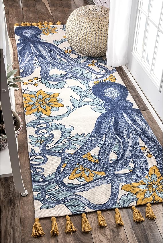 Nuloom Thomas Paul Blue Multicolor/Ivory, 2'8" x 8', Handmade, Octopus Print, Cotton, Soft and Cozy, High Traffic, Stain Resistant, Easy Clean, Durable Runner for Bedroom, Living Room, Dining, Den