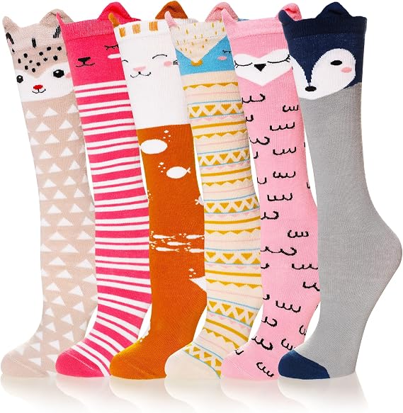 Girls Knee High Socks Kids Crazy Fun Gift Silly Tall Boot Cute Animal Cotton Long Socks 6 Pairs