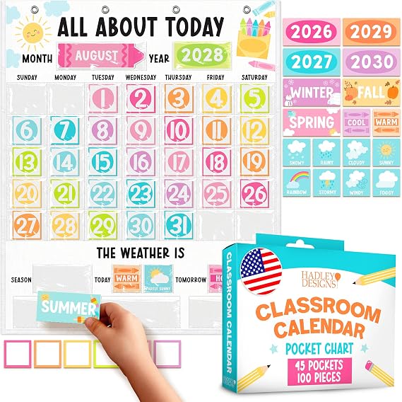Large 45 Pockets Classroom Calendar Pocket Chart - 24x29" Pocket Calendar