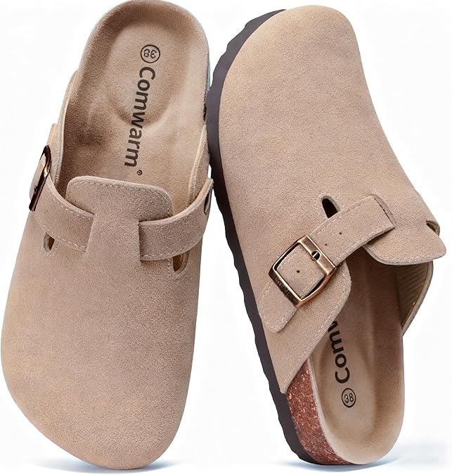Comwarm Suede Women's Clogs Cork Footbed Mules Non-slip comfort leather mules arch support slides with adjustable buckle for women and men