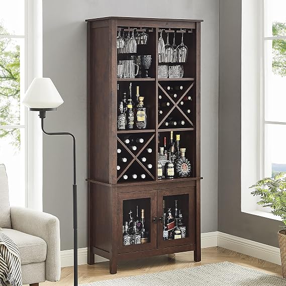 Home Source 72" Wood Exquisite Bar Wine Cabinet with Storage,Liquor Cabinet with Removable Wine Racks,Bookcase,Kitchen Pantry Storage Cabinet for Kitchen,Dining Room, Living Room,Mahogany