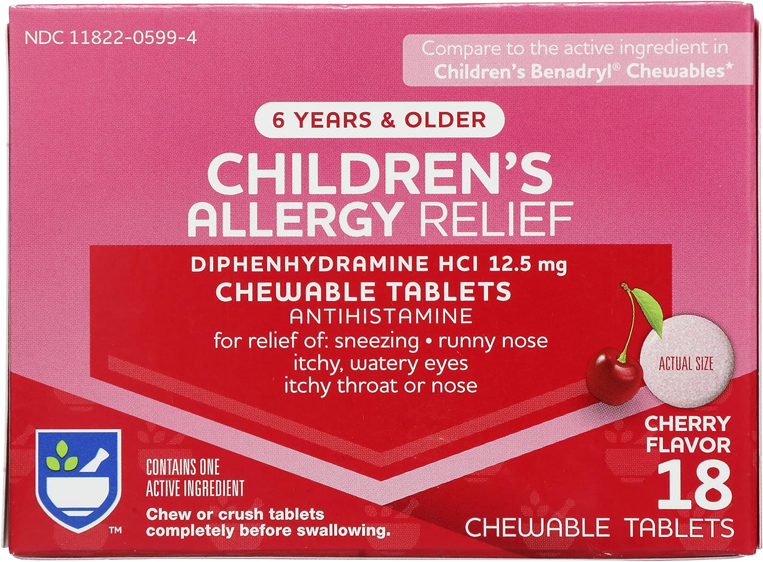 Rite Aid Children's Diphenhydramine 12.5mg Allergy Relief, Cherry - 18 Chewable Tablets, Indoor and Outdoor Allergy Symptom Reliever