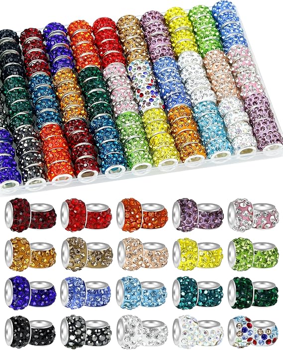 120PCS FIVEIZERO Rhinestone Large Hole Beads for Jewelry Making, 20 Colors Rhinestone European Bead Bulk Spacer Beads for Beadable Pens, DIY Crafts