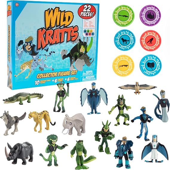 Wild Kratts Action Figures Toys 22 Pack - Officially Licensed Collectors Set - Includes 3" Chris Kratt, Martin Kratt, Creature Animal Figurines & Discs! - Set of 22 - Great Gift for Kids - Ages 3+ | 22pc officially licensed Wild Kratts toy set features Martin, Chris, animal figures & power discs for kids adventure play.