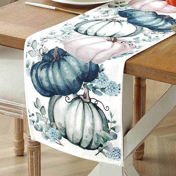 Fall Decorations for Home Blue Fall Table Runner 72 Inches Long with Autumn Pumpkins Eucalyptus Leaves. Thanksgiving Decorations for Dining Room Kitchen Table Seasonal Holiday Harvest Party Decor