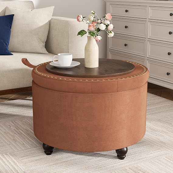 24 Inch Round Storage Ottoman,Modern Tufted Ottomans,Circular Coffee Table with Removable Top,Upholstered Large Ottoman with Storage Footrest Stool for Bedroom Living Room (Orange)