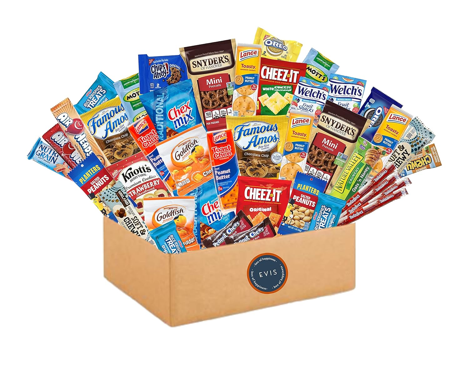 EVIS Variety Snack Packs Ultimate Care Package 40 Count Gift Basket for College Students, Birthday Gift for Women, Men, Kid, Healthy Snacks for Adults, Natural Bars, Nuts, Cookies, Chips, Mixed Fruit