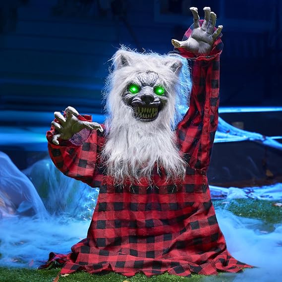 JOYIN Halloween Outdoor Decorations Animated, Animatronics Werewolf Groundbreaker Outside Decor, Scary Werewolf Prop with Moving Arms & Light-Up Eyes for Graveyard Lawn Yard Haunted House Decoration