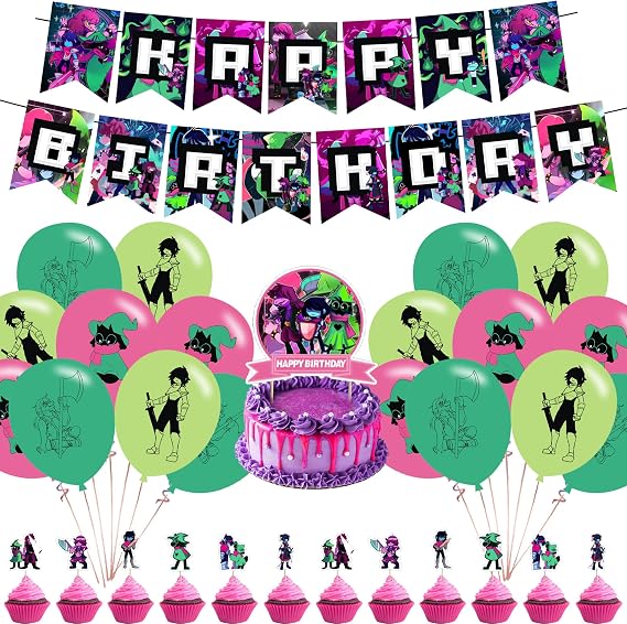32 Pcs DeltaruneTheme Birthday Party Decorations,Party Supply Set for Kids with 1 Happy Birthday Banner Garland , 13 Cupcake Toppers,18 Balloons for Party Decorations