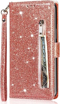 XYX Wallet Case for Xiaomi Redmi Note 11 Pro, Luxury Glitter Zipper Purse PU Leather Flip Phone Cover with Wrist Strap Stand Protective Case, Rose Gold