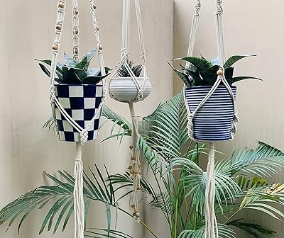 Pack of 3 Macrame Plant Hangers Handmade Cotton Rope Hanging Planters Set Flower Pots Holder Stand, for Indoor Outdoor Boho Home Decor