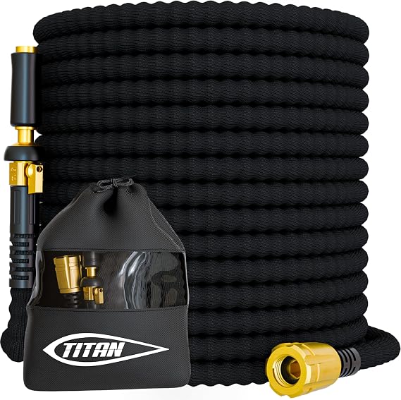 TITAN Flexible Garden Hose 50FT Ultra Lightweight, Heavy Duty Water Hose with Brass Fittings & Jet Nozzle Kink-Free, Non-Expanding, Durable Fabric Hose for Yard, Lawn, Car Wash, Outdoor Use