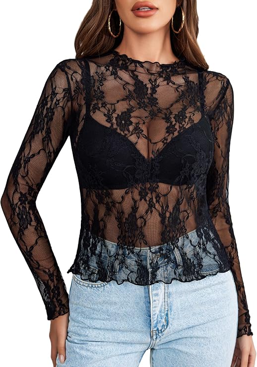 Avidlove Women's Mesh Top Long Sleeve Mock Neck Sheer Blouse See Through Floral Lace Tops