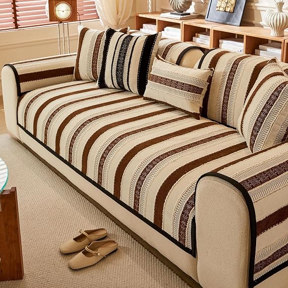Striped Jacquard Sofa Cover Boho Chenille Sectional Couch Covers Modern Fashion Sofa Slipcover Washable Furniture Protector Anti-Slip Balcony Blanket For Dogs Cats Pet(Coffee,110 * 180cm)