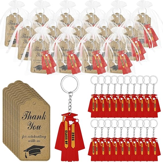 24 Pcs Class of 2026 Graduation Keychains Bulk with Thank You Cards & Organza Bags, 2026 Graduation Gifts for Seniors Graduates Decoration, Rubber Key Ring for College High School Party Favors (Red)