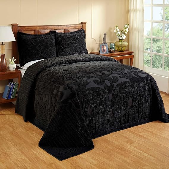Better Trends Chenille Bedspreads Twin Size, Black 100% Cotton Chenille Medallion Design Tufted Bedding Coverlet Soft Lightweight, 96"x110" with 1 PC Sham 2 Pieces Set Ashton Collection