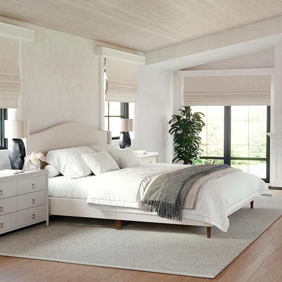 Martha Stewart Amelia King Curved Upholstered Platform Bed, Beige | Cushioned Siderails, Wood Slat Foundation, No Box Spring Needed