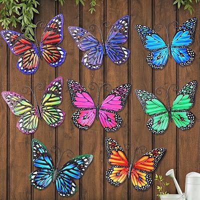Jetec 8 Pcs Metal Butterfly Wall Decor 6.5 Inch Outdoor Butterflies Wall Art Sculpture 3D Butterfly Hanging Decoration for Spring Outside Fence Garden Yard Home Patio BalconyLovely Style