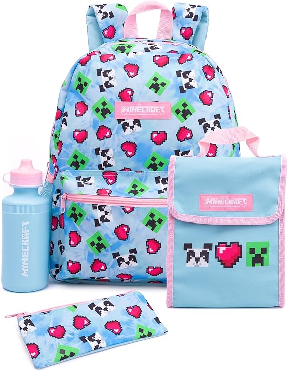 Minecraft Backpack and Lunch Box Set for Girls | Kids 4 Piece Creeper Panda Hearts Blue School Rucksack, Lunch Bag, Pencil Case, Water Bottle One Size