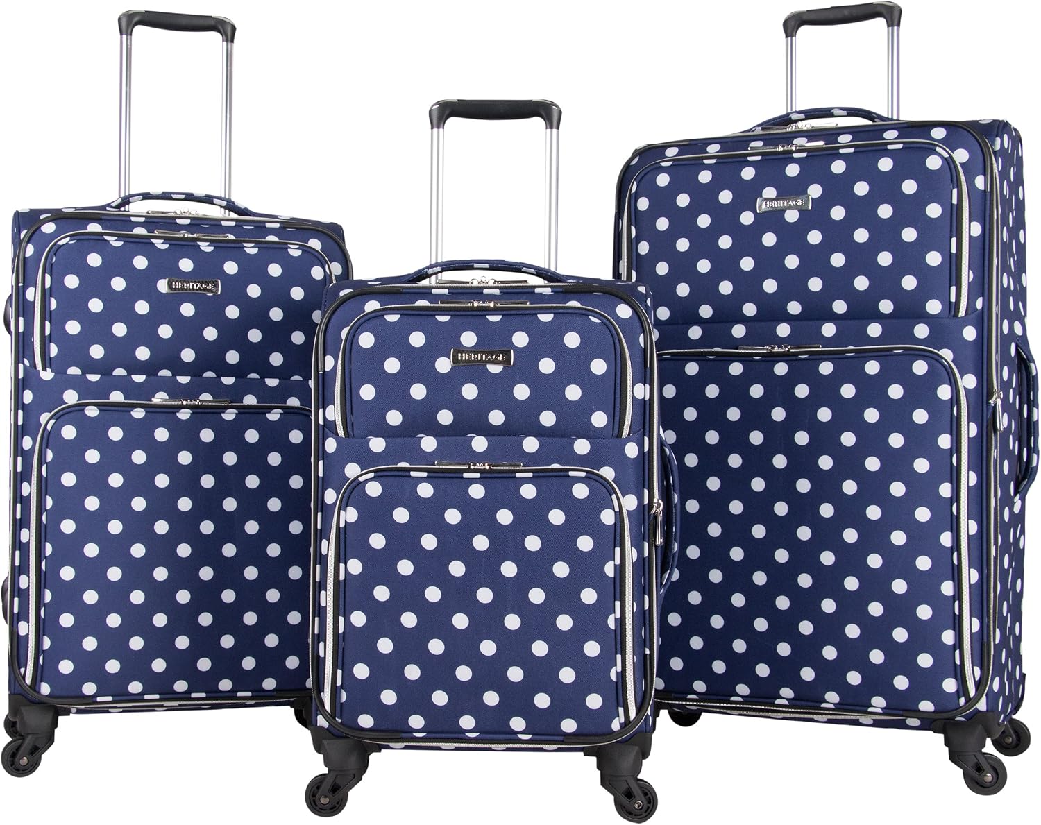 Heritage Travelware Albany Park 600d Polka Dot Polyester 3-Piece Luggage Set; 20 Carry-on, 24, 28, Navy