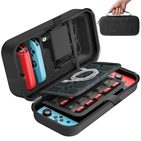 Switch Carrying Case Compatible with Nintendo & OLED, Portable Switch Travel Carry Case Fit for Joy-Con and Adapter, Hard Shell Protective OLED Pouch Bag with 20 Games, Black