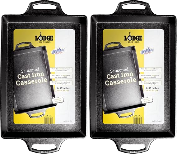 Lodge Seasoned Cast Iron Casserole Pan - 9 Inches x 13 inches - Heavy-Duty, Durable Seasoned Baking Dish - Classic Cast Iron Casserole Dish for Everyday Cooking (Pack of 2)
