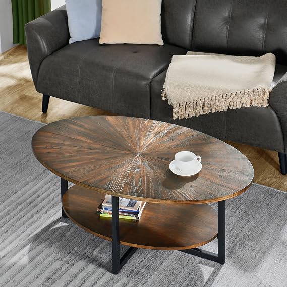 Oval Coffee Table with Storage Shelf, 43.3 Farmhouse Sofa Center Table with Umbrella Shaped Top, Solid Wood Living Room Cocktail Table for Office, Easy Assembly, Rustic Brown KFZ1811NC