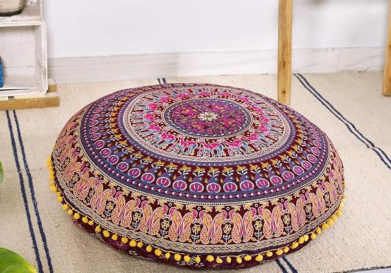 Popular Handicrafts Floor Pillow Cushion Cover Hippie Elephant Mandala Cushion Cover Large Cotton Pouf Round Bohemian Yoga Decor, 32" Maroon