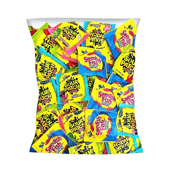 Bulk Pinata Filler Gummy Candy Assortment- 3lbs Sour Patch and Swedish Fish Mini Soft And Chewy Candy Variety Snack Packs- Individually Wrapped (48oz)