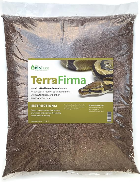 The Bio Dude Terra Firma Reptile Substrate 36 quarts for terrariums and vivariums. Bioactive Habitat Substrate for Ball Pythons, kingsnakes, milksnakes, arachnids and Lizards