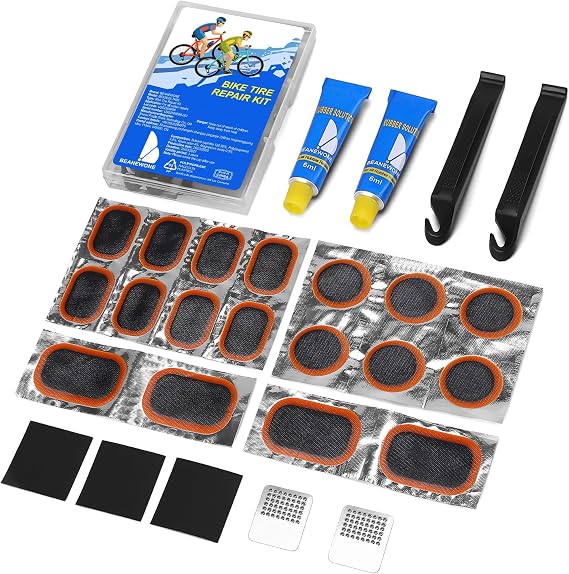 Puncture Repair Kit, Puncture Repair Kit Bike Tyre with 18PCS Patches, 2PCS Rubber Solution, Tyre Levers & Metal Rasp - Portable Case for Bike, Motorcycle & Inflatable Tubes