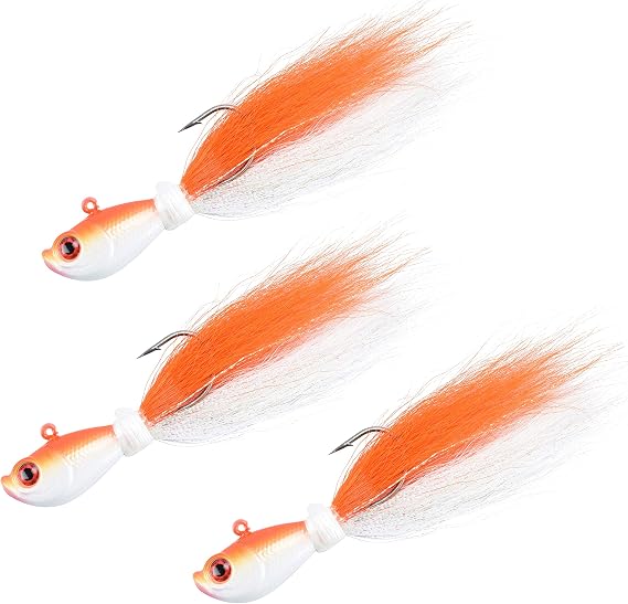 1-2oz Orange & White Bucktail Fishing Lure Jigs - 3 Pack