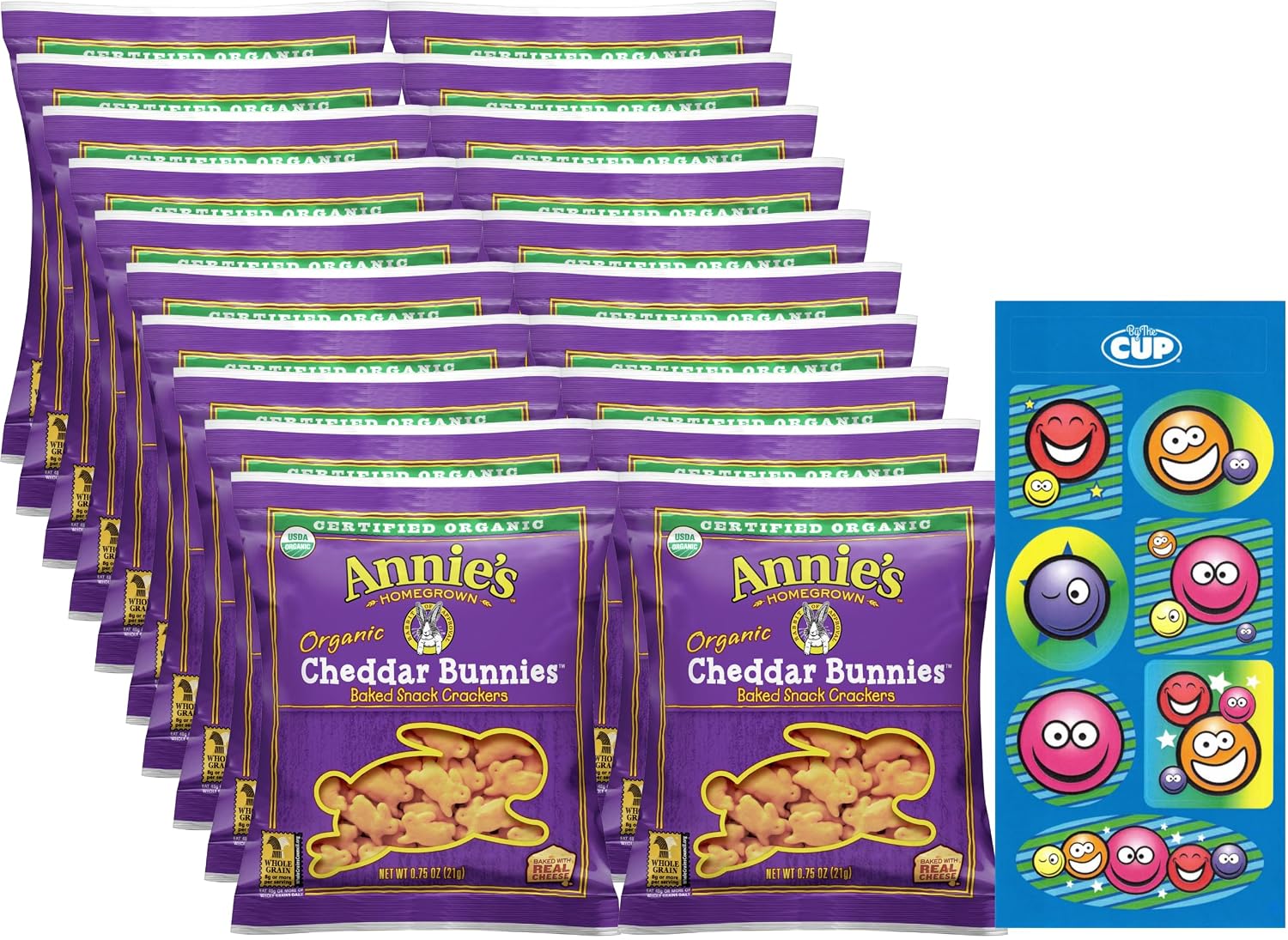 Annie&amp;#39;s Organic Cheddar Bunnies Crackers, 0.75 oz Pack of 20 with By The Cup Stickers
