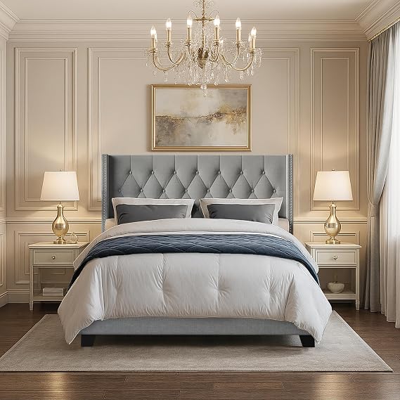 HOME DESIGN Danbury Queen Wingback Tufted Upholstered Bed Frame, Gray