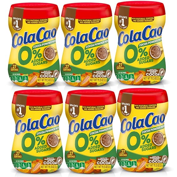 ColaCao 0% Added Sugars Cocoa Powder Mix Natural Cocoa Drink Mix, 11.5 oz (325 g), Approx. 27 Servings, Hot or Cold Beverage (6-Pack)