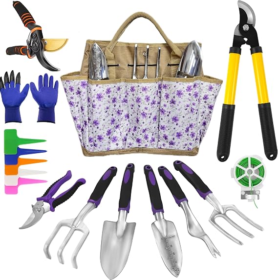 Gardening Tools 42 Piece Premium Gardening Tool Set,Heavy Duty Hand Tools with Fashion Garden Tools Organizer Handbag,Rust-Proof Gardening Tool Kit, Ideal Gardening Gifts for Women((Purple Floral)