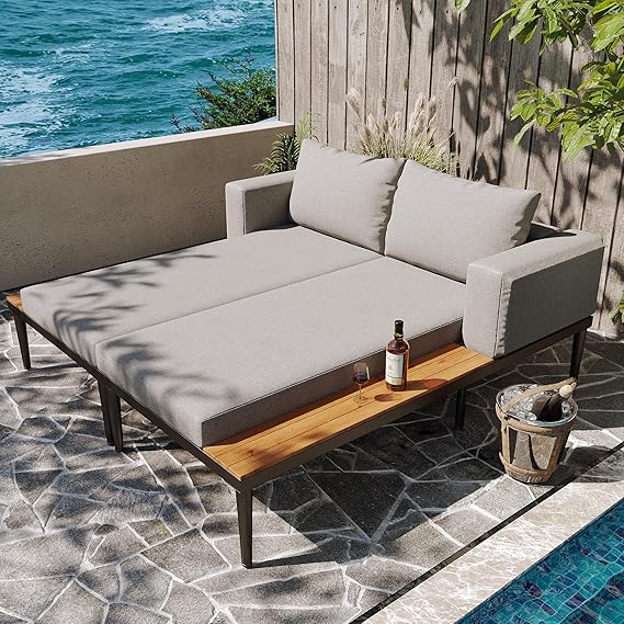 Double Outdoor Day Bed, Multifunctional Garden Daybed with Wooden Side Panels, Sunlounger, Sofa Bed for Patio, Backyard, Poolside, Garden Lounge Chair, Sturdy Iron Frame, Gray