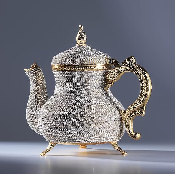 DEMMEX Handmade Gold Decorative Teapot Pitcher Turkish Moroccan Arabic Style, Crystal Embellished, 2.6 lb, 8x7", Ornate Zamak Kettle for Home Decor & Display Handmade in Turkey