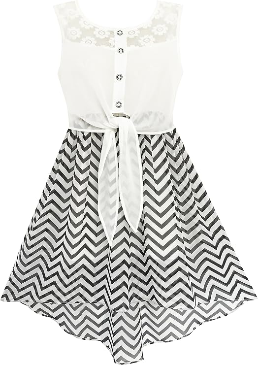 Sunny Fashion Girls Dress Lace to Chiffon Striped Black White Tied Waist Age 7-14 Years